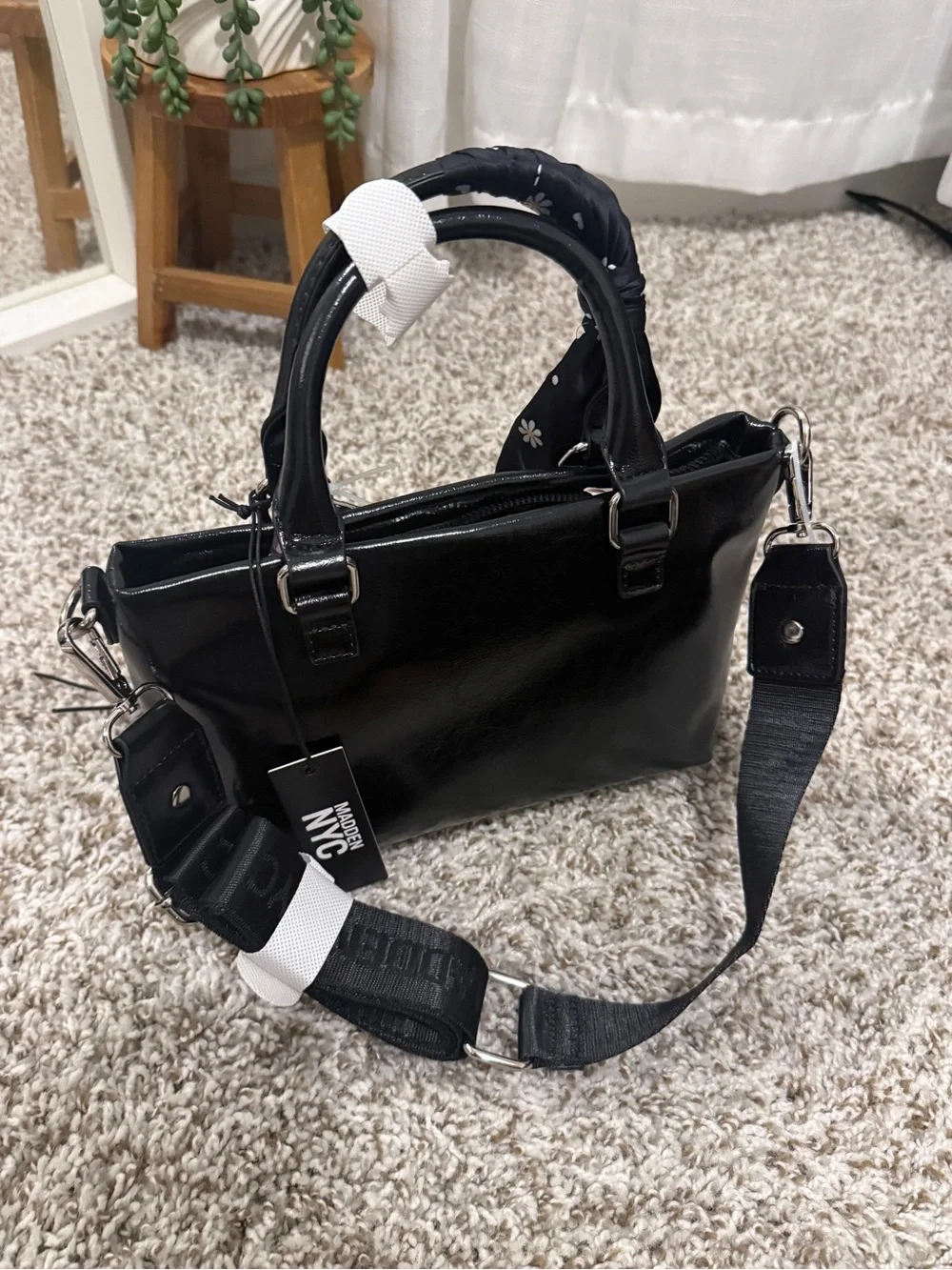 Madden NYC Black Patent Leather Satchel with Pearl Charm
